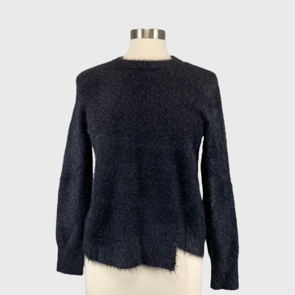 Calvin Klein Womens Black Fuzzy Asymmetrical Sweater Crew Neck size Small